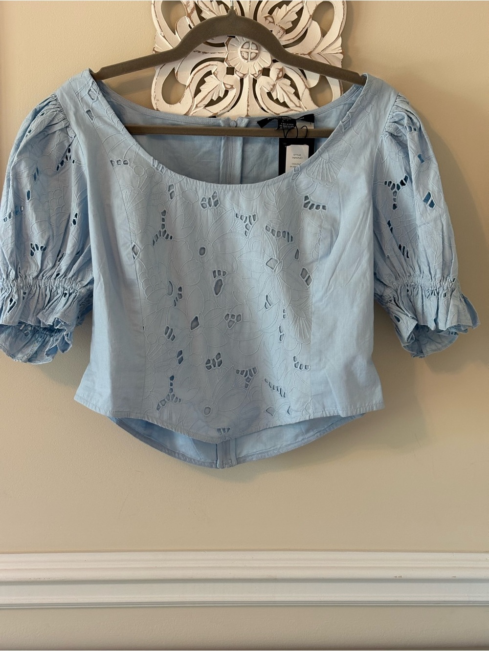 French Connection Light Blue Eyelet Scoop-Neck Puff Sleeve Top